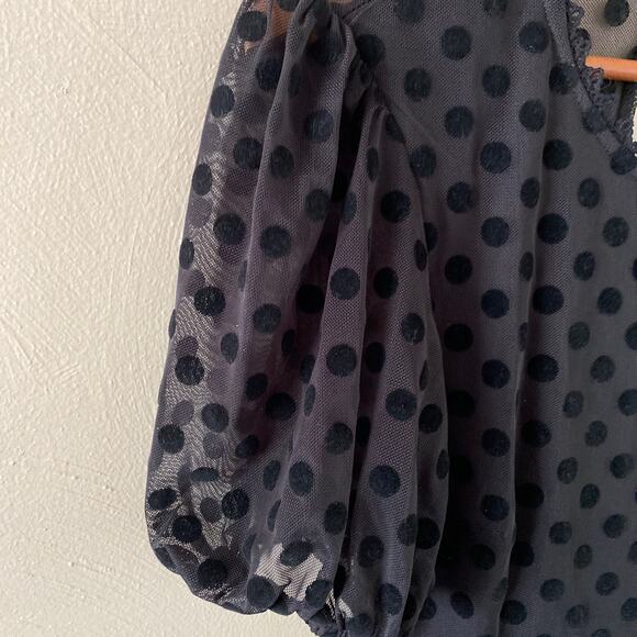 Xtraordinary Black Dress Polka Dot Short Puff Sleeve Sheer Skater Dress Size 3 - Picture 4 of 13